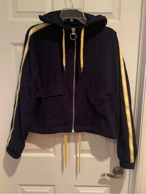 Navy Hoodie Jacket with Yellow Stripes Forver 21